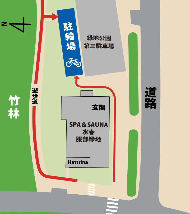 駐輪場の案内マップ。水春北側の遊歩道から向かうか、または水春西側出入り口から入り、玄関の前を通り過ぎて第3駐車場の方向へ行くと駐輪場がございます。