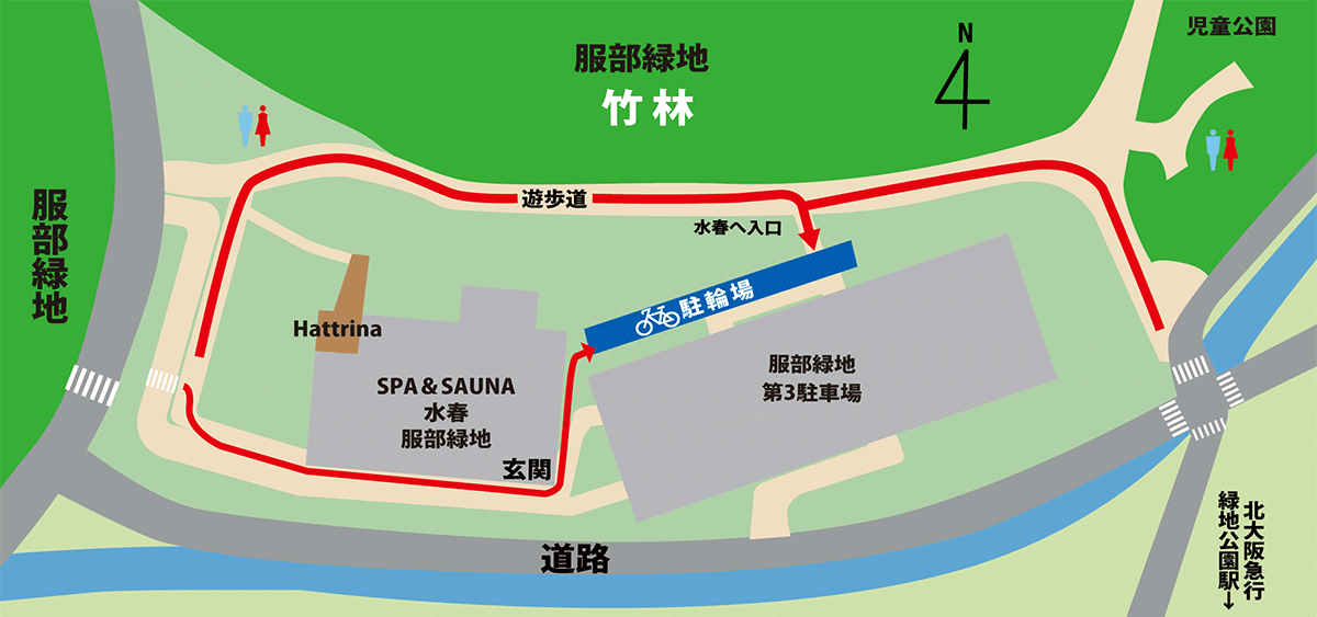 駐輪場の案内マップ。水春北側の遊歩道から向かうか、または水春西側出入り口から入り、東方向へ玄関の前を通り過ぎて第3駐車場の方向へ行くと駐輪場がございます。