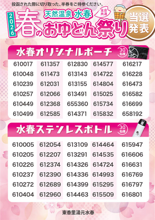 春のおゆどん祭り結果発表（水春オリジナルポーチ30名様・水春ステンレエスボトル30名様）